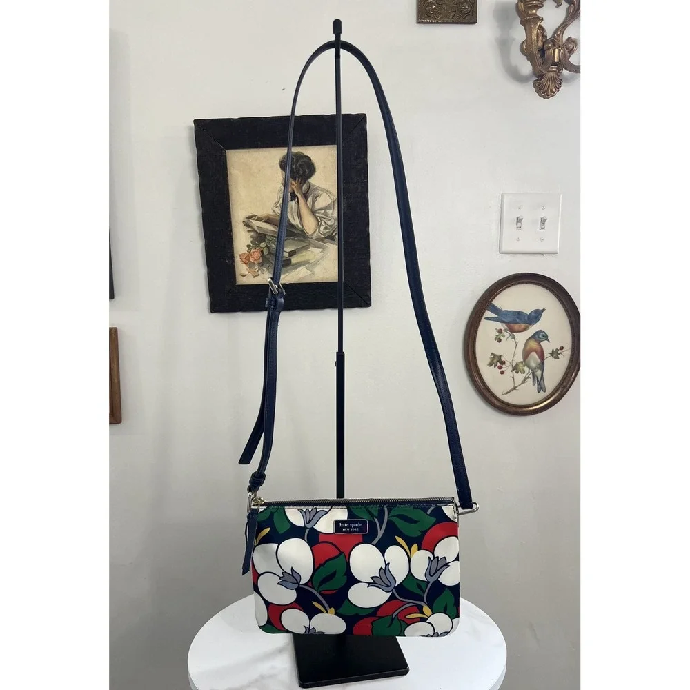 Kate Spade Navy Blue Floral Print Canvas Leather Crossbody Bag 91D